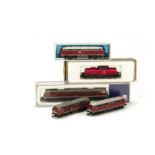 Continental N Gauge Diesel Locomotives by Various Makers, Four DB maroon/grey Bo-Bo and one Co-Co