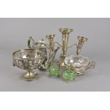 A selection of silver plated items, including an epergne, various dishes, WMF bowl and other