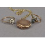 Three items of 9ct gold jewellery, including an octagonal locket on chain, a cluster style ring with