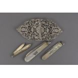 A group of three silver & mother of pearl fruit knives, hallmarked of various sizes and designs