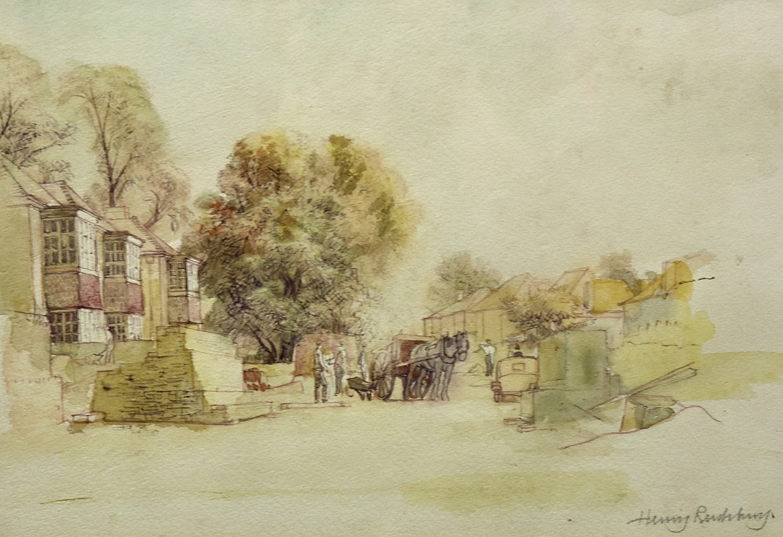 Sir Henry Rushbury (British 1889-1968), watercolour figural street scene 'The Builders, Shere,