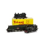 Tri-ang TT Gauge Steam Locomotives, unboxed Merchant Navy Class 'Clan Line' and BR black 0-6-0