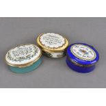 Two Bilston & Battersea Enamel boxes, decorated with idioms, plus a Crummles example (3)