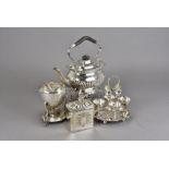 A silver plated spirit kettle, spirit fired egg coddler, egg waiter, tea caddy, and other plated