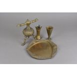 A group of brass items, including a censer, fireside companions, fire dogs, and other items (parcel)