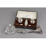 A cased silver plated three piece cruet set by Walker & Hall, together with a continental silver