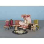 Small scale dolls’ house furniture: a white painted tinplate and wire half-tester bed with