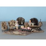Tri-ang Period dolls’ house sitting room furniture: Queen Anne - china cabinet; pole Fire Screen,