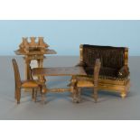 Light oak dolls’ house pieces, comprising a sofa with brown velvet upholstery, a hall wall mirror, a