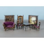 A German grained set of dolls’ house furniture: comprising china cabinet, sofa, tallboy, dressing