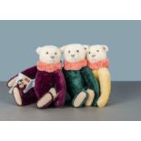 Three Steiff Limited Edition Dolly Bear Replicas 1913, yellow, green and purple, all with white