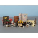 Dolls’ house furniture and chattels: including a Pit-a-Pat cutlery table with metal cutlery and