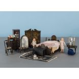Tri-ang Period dolls’ house bedroom furniture: including Queen Anne bed, wardrobe, chest of drawers,