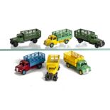 Dinky Toy Produce Wagons, 30N/343 Farm Produce wagon, three examples, first red/blue, second green/