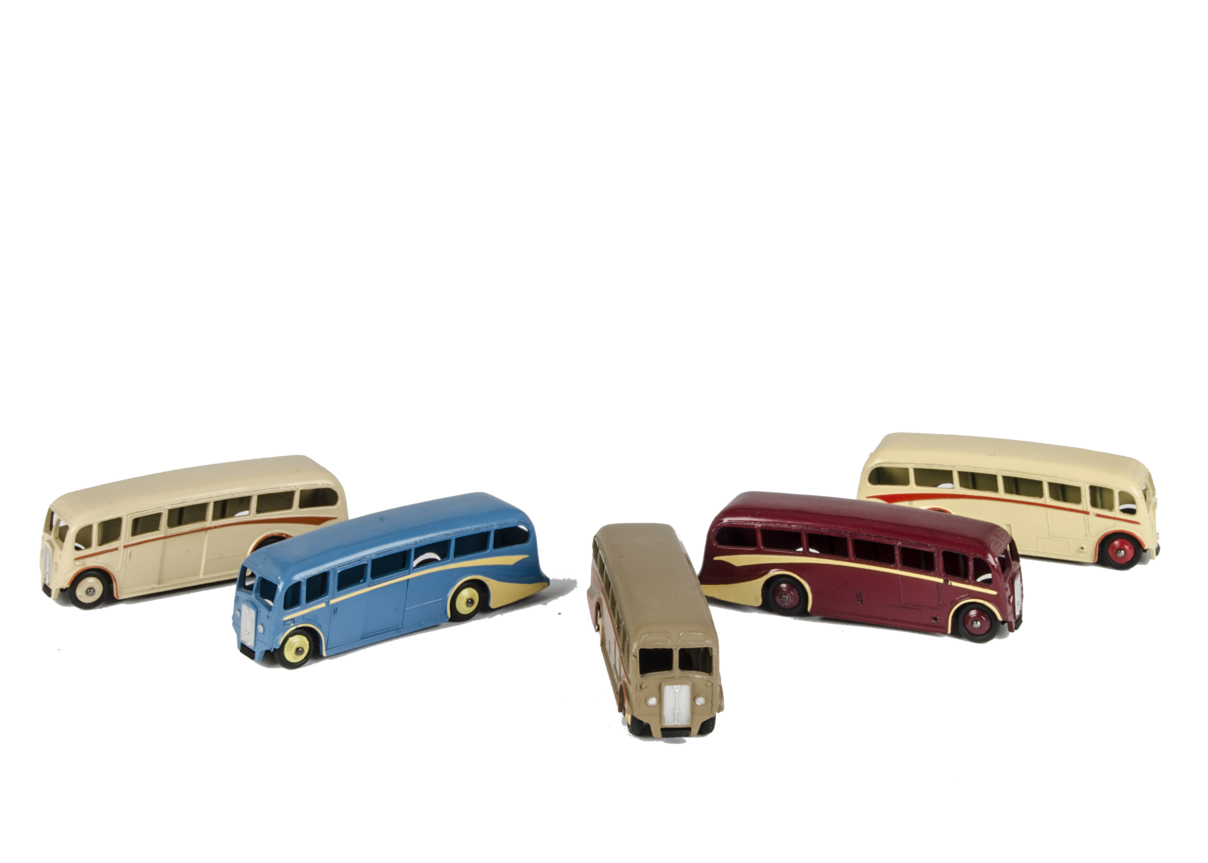 Dinky Toys 29g/281 Luxury Coach, five examples, first cream body, red flash and hubs, second cream