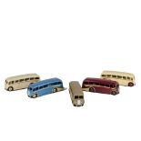 Dinky Toys 29g/281 Luxury Coach, five examples, first cream body, red flash and hubs, second cream