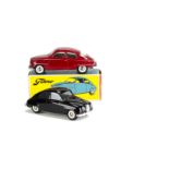 Tekno 821 Saab 93, two examples, first dark red body, off-white interior, plated steel convex