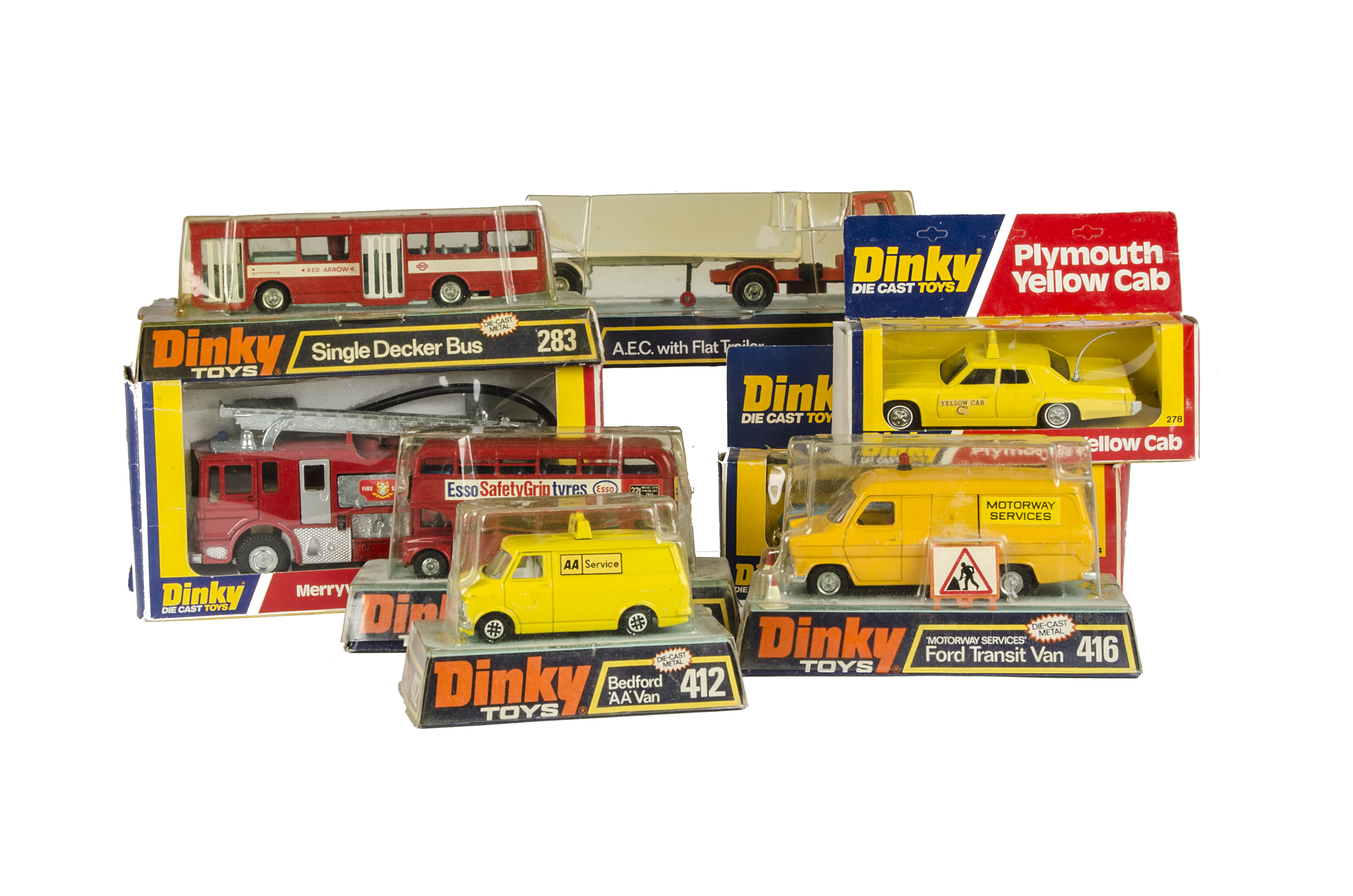 1970s-80s Dinky Toys, 915 AEC with Flat Trailer, 283 Single Deck Bus, 412 Bedford AA Van, 416