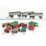 Dinky Toy Trailers, including 25g Trailer (7), four red, one green, grey and orange, 105c