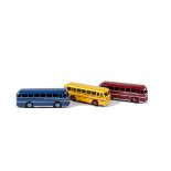 Dinky Toys 282 Duple Roadmaster Coach, three examples, first dark blue body, light blue hubs, silver