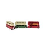 Dinky Toys 290 Double Decker Bus, three examples, all type 3 grille, first red body and plastic