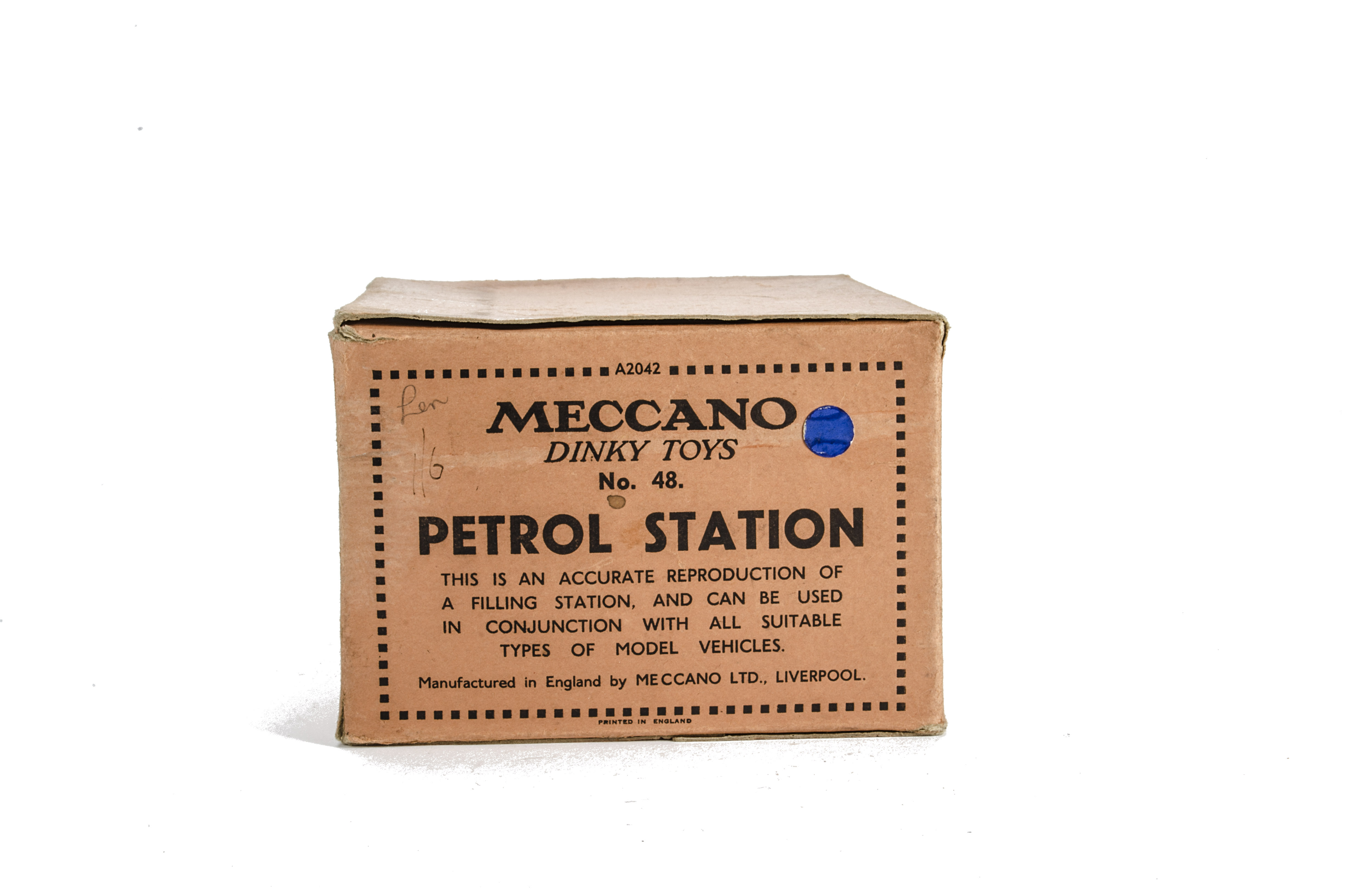 Pre-War Dinky Toys 48 Petrol Station Empty Box, blue colour spot to end flap, F-G, THIS LOT ATTRACTS