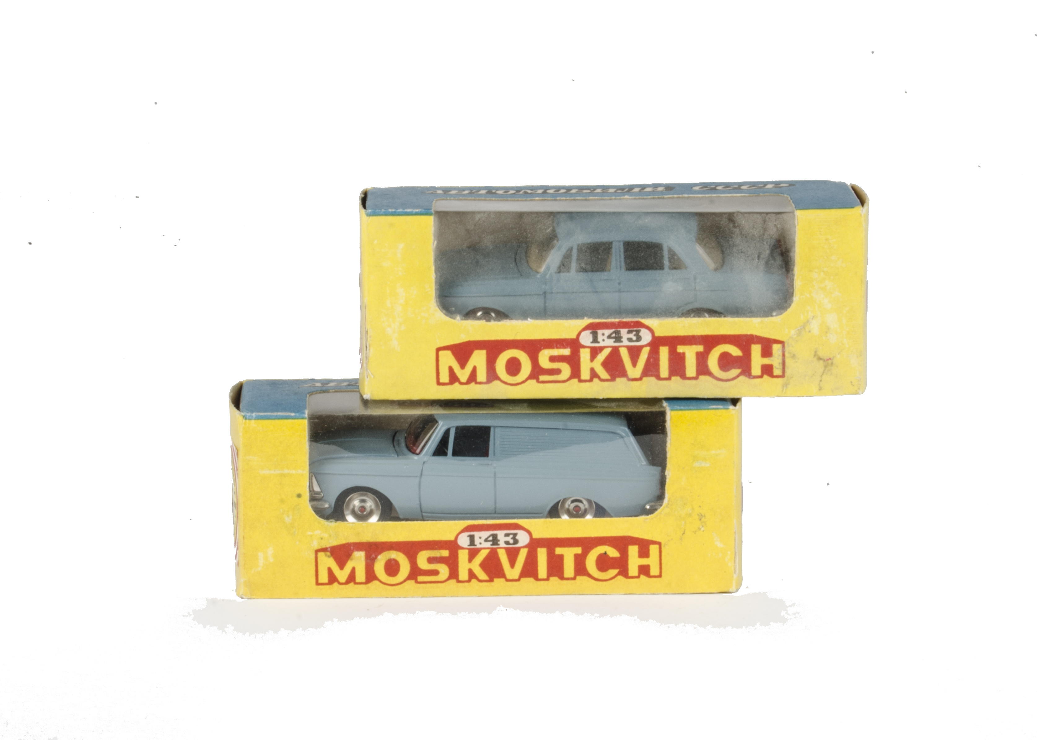 Novo Export 1:43 Moskvitch 433 & 408, both pale blue body, spun hubs, in original window boxes, E,