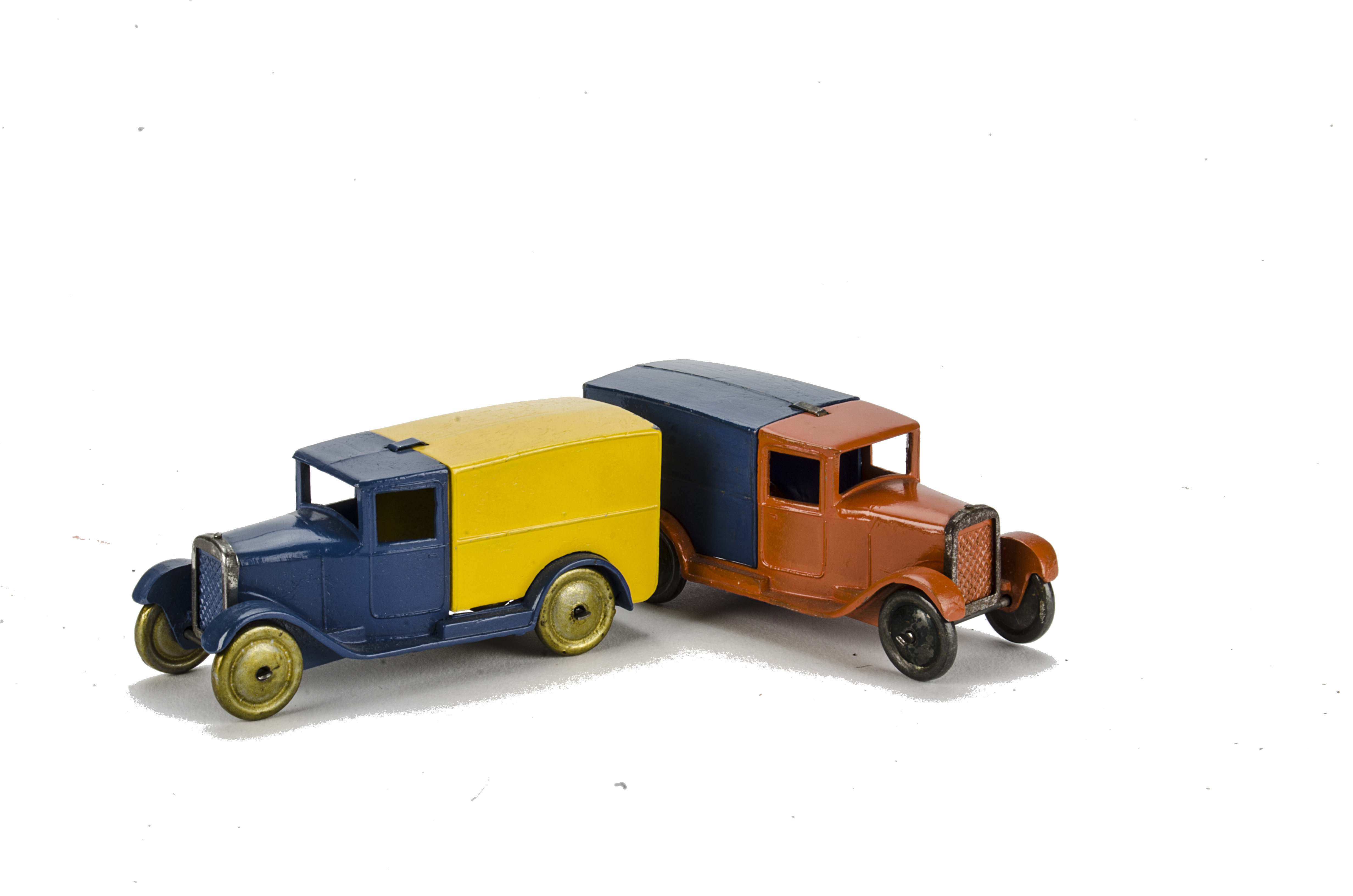 Pre-War Hornby Series (Dinky) 22d Delivery Vans, two examples, orange/blue, blue/yellow, both