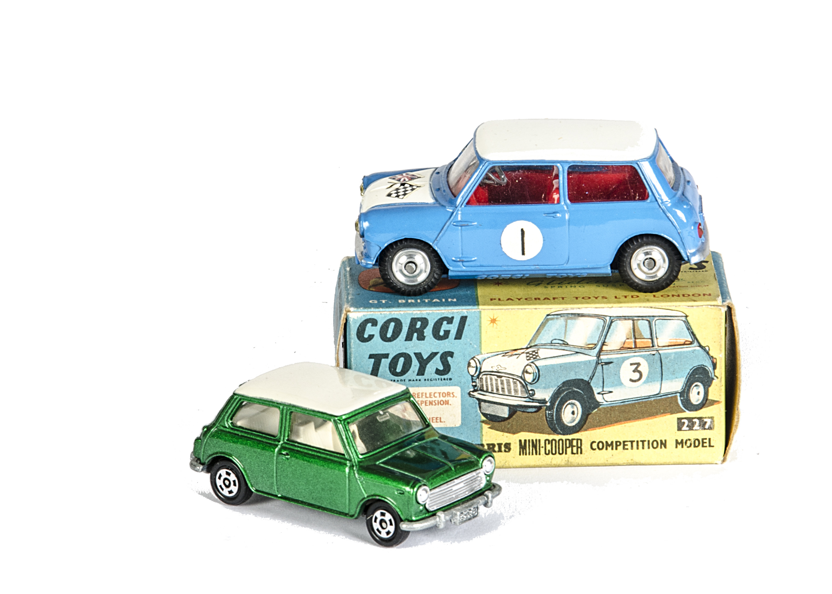 A Corgi Toys 227 Morris Mini-Cooper Competition Model, bright blue body, white bonnet and roof,