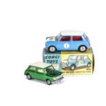 A Corgi Toys 227 Morris Mini-Cooper Competition Model, bright blue body, white bonnet and roof,