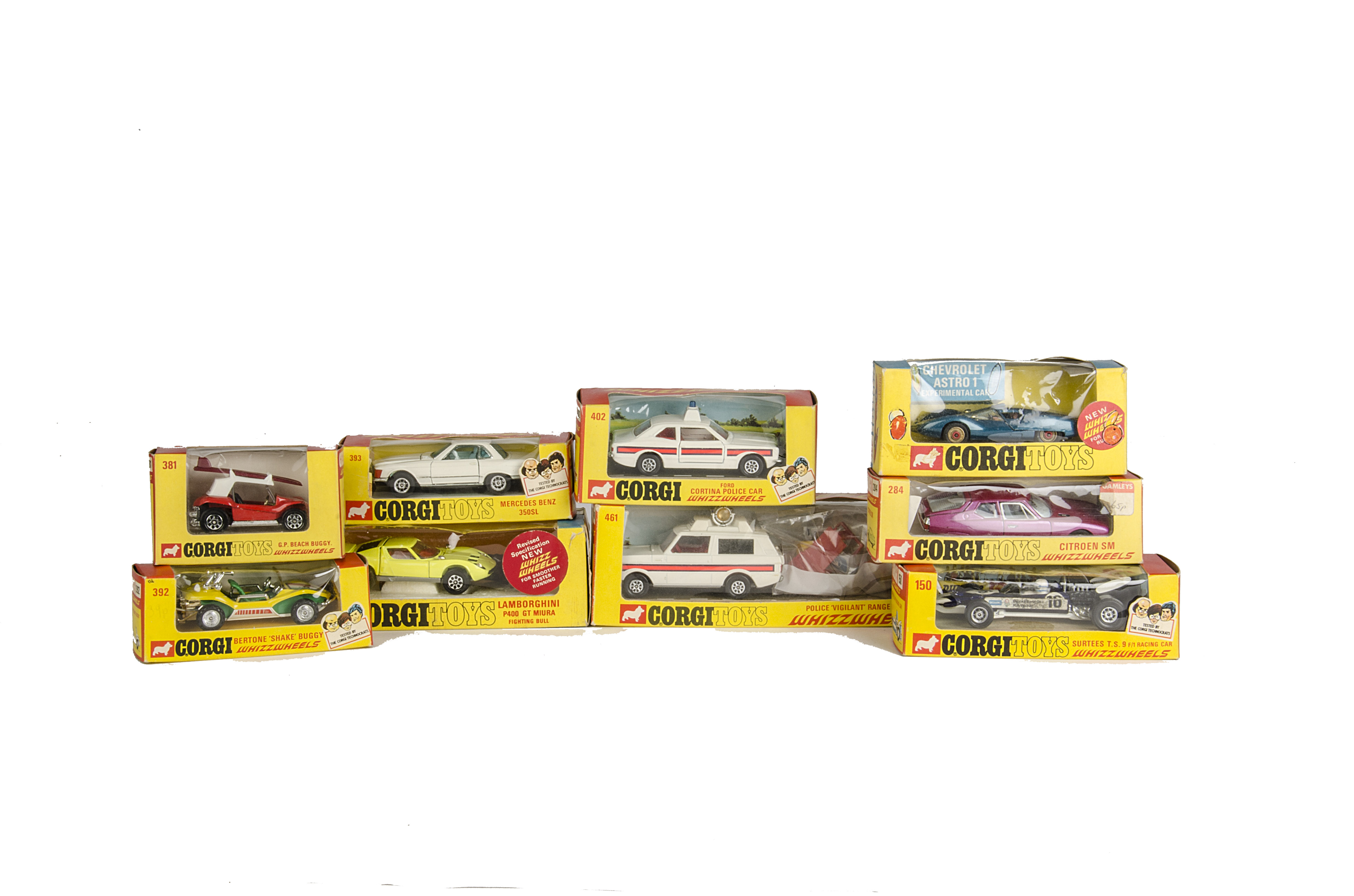 Corgi Toys With Whizzwheels, 402 Ford Cortina Police Car, 150 Surtees TS9, 392 Bertone Buggy, 347