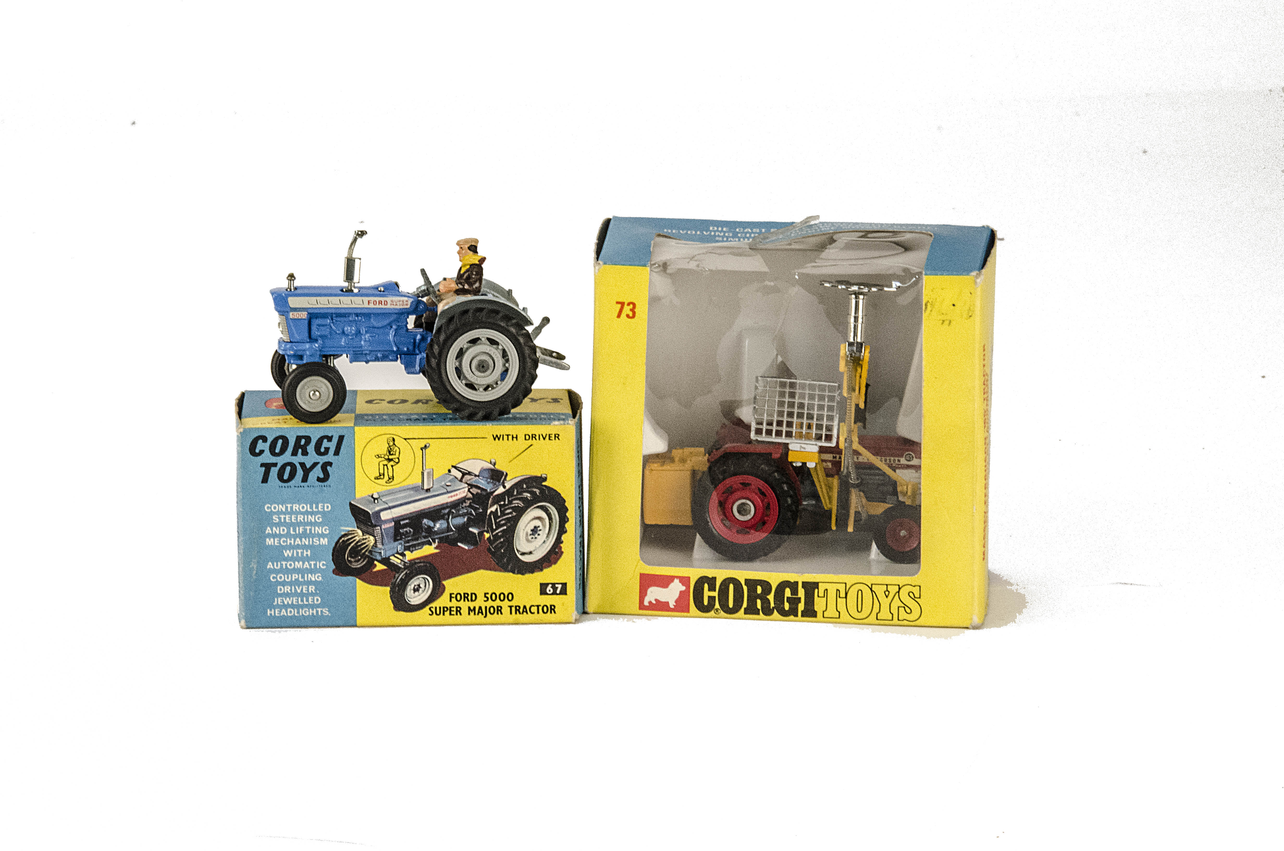 Corgi Toys Tractors, 67 Ford 5000 Super Major Tractor, with driver, grey plastic hubs, 73 Massey-