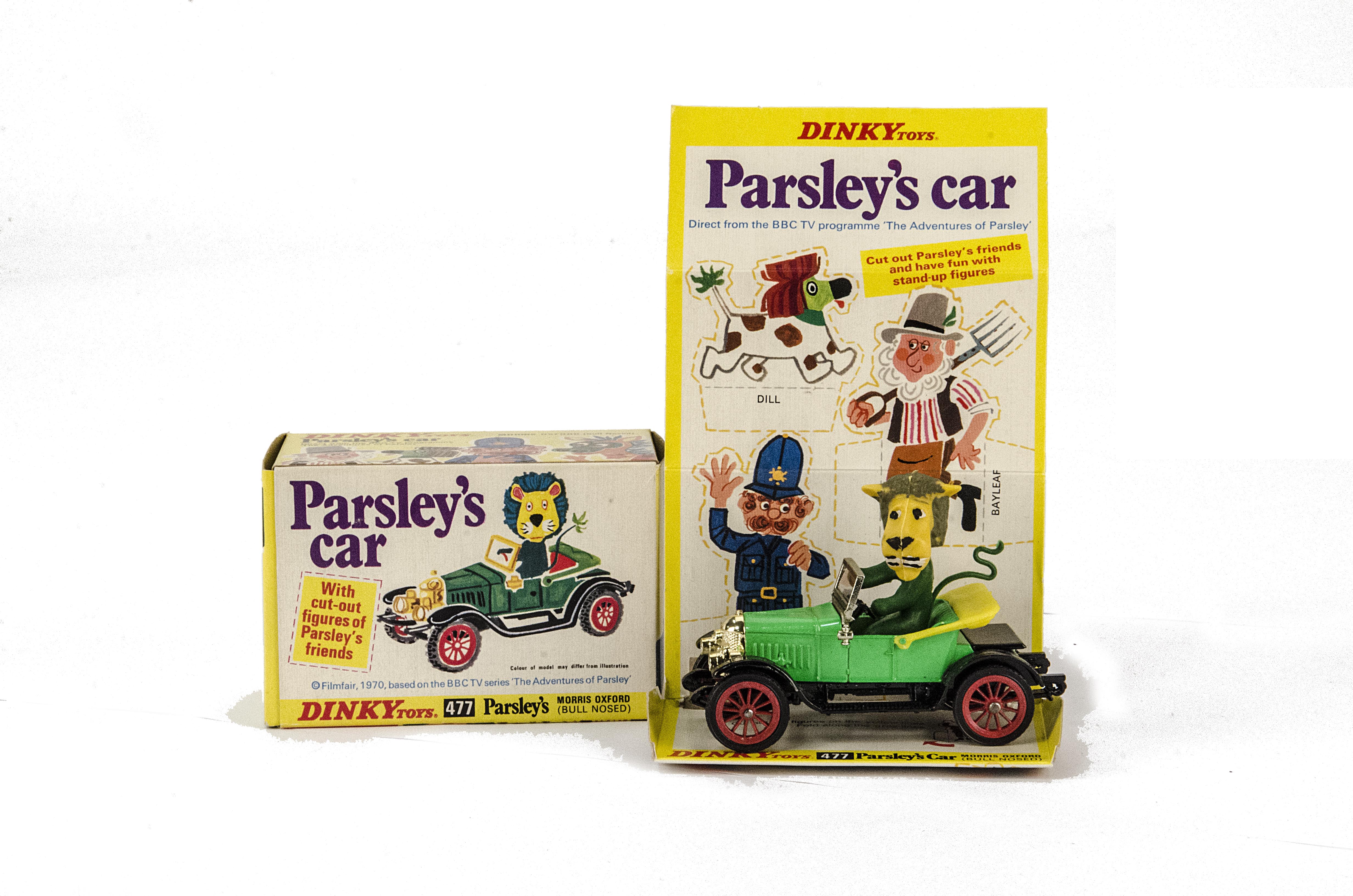 A Dinky Toys 477 Parsley's Car (Morris Oxford), fluorescent green body, red wheels, in original