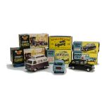 Corgi Toys 409 Forward Control Jeep FC-150, 418 Austin Taxi, 420 Airborne Caravan, lilac top,