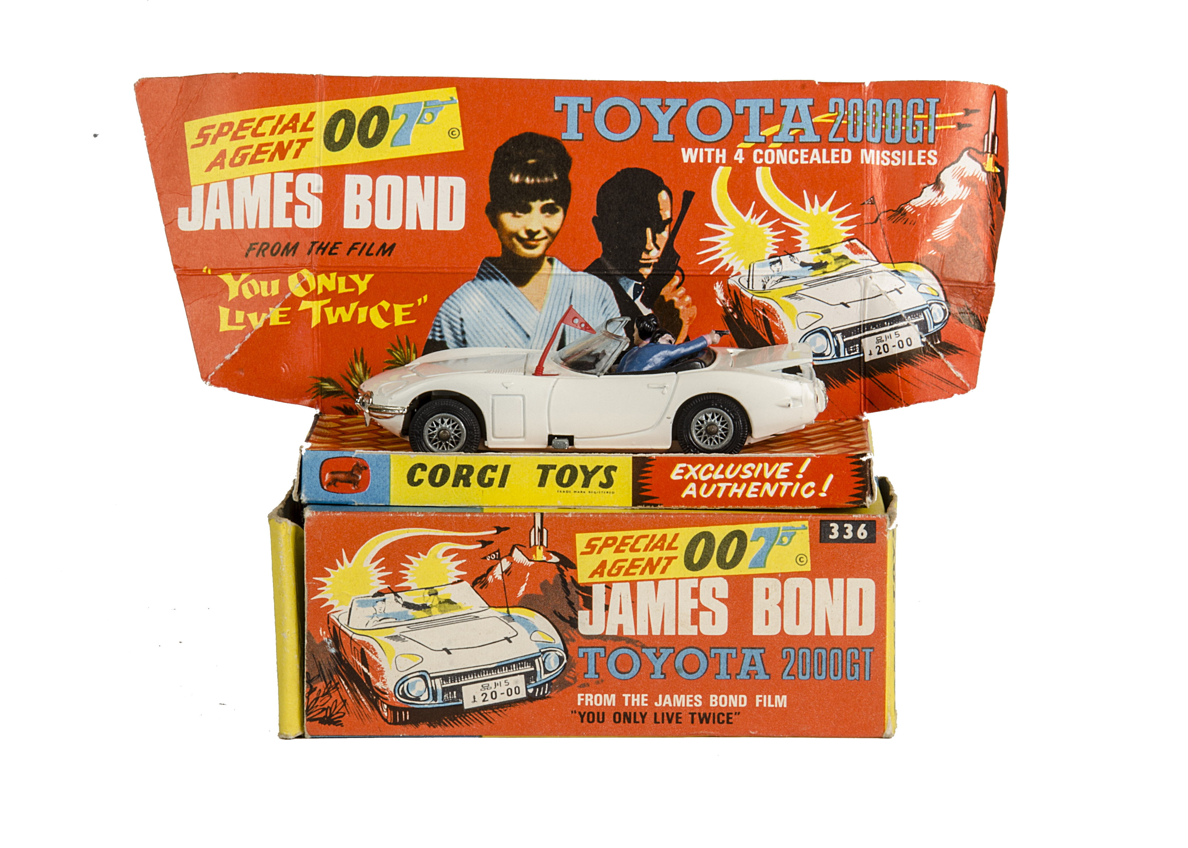 A Corgi Toys 336 James Bond's Toyota 2000 GT, white body, red aerial, 2 figures, rocket launchers in