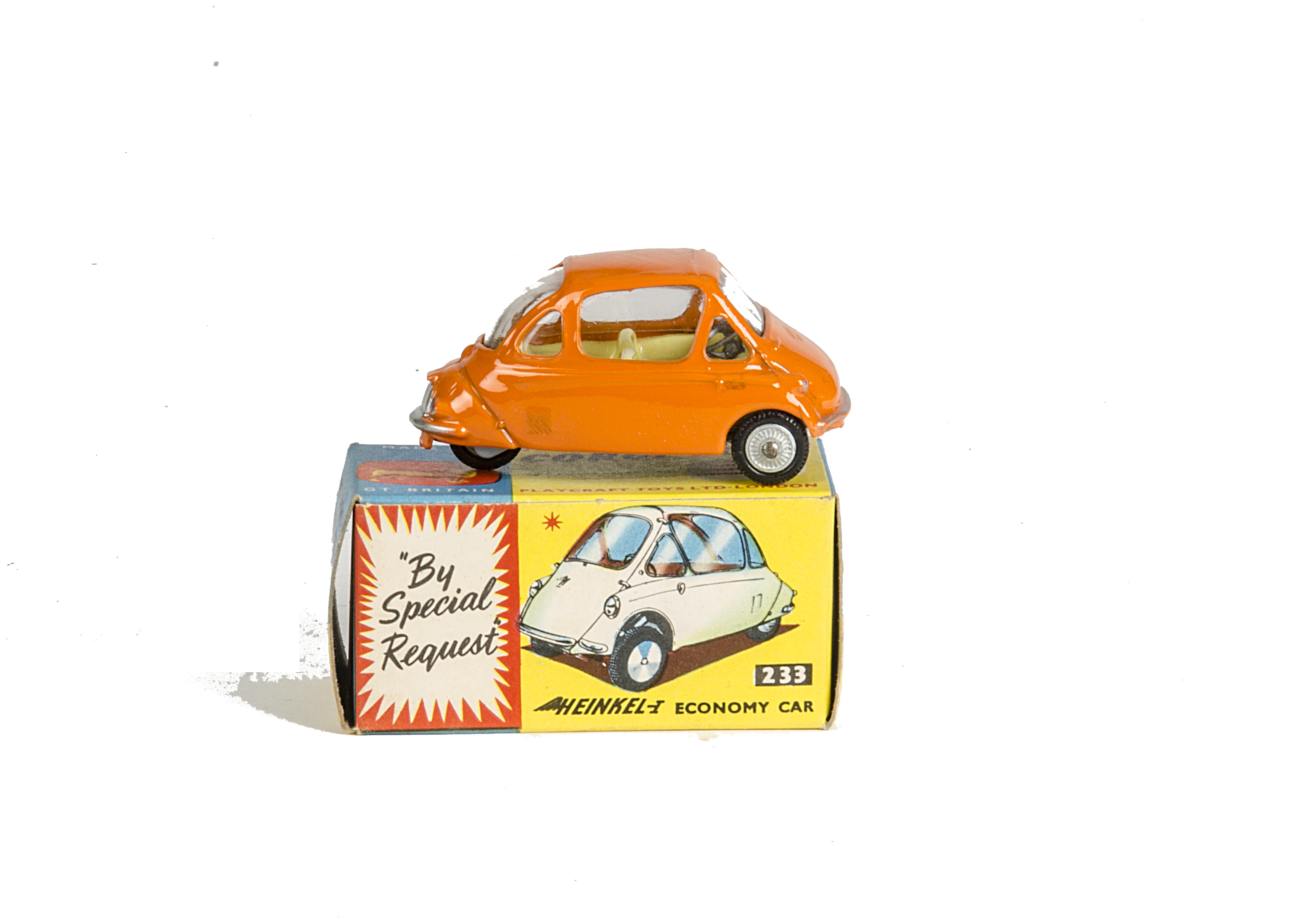 A Corgi Toys 233 Heinkel Economy Car, orange body, lemon interior, detailed cast hubs, in original