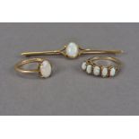 Three Victorian and later gold and opal items of jewellery, including a modern six stone ring, a