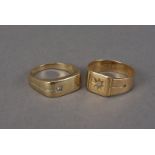 Two gold gentlemen's signet rings, one in 18ct gold with clear stone, 7.2g, the other a 9ct gold