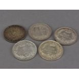 A group of five good Victorian shillings, dates 1873, 1874, 1884, 1887 and 1897, all EF and