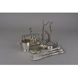 A collection of silver plated items, including a Walker & Hall christening cup, a novelty bicycle
