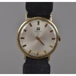 A 1960s 9ct gold cased Tissot gentleman's wristwatch, satin dial with batons, appears to run,