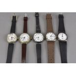 A group of five Edwardian and later trench style wristwatches, three in silver cases, one from the