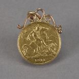A George V half sovereign pendant, dated 1911, with soldered scroll mounts, 4.6g