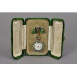 A late 19th century continental silver and enamelled lady's fob watch, the green velvet case housing