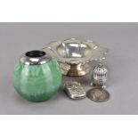 Five Victorian and later silver items, including a match strike with green glass lower, a vesta, a