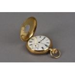 A vintage 18ct gold half hunter pocket watch by J.W. Benson, rubbed blue enamel Roman numerals,