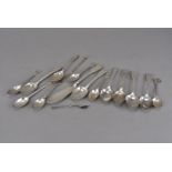 A collection of 16 Georgian and later silver spoons and flatware, including five fiddle pattern