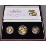 A Royal Mint 1987 United Kingdom Gold Proof Set, the three coin set in fitted box with