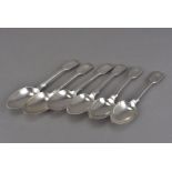 A set of six William IV period silver dessert spoons by DP, fiddle pattern with engraved B to