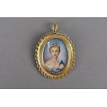 A 1970s 18ct gold portrait pendant, the oval frame with pierced rim, marked 750, supporting